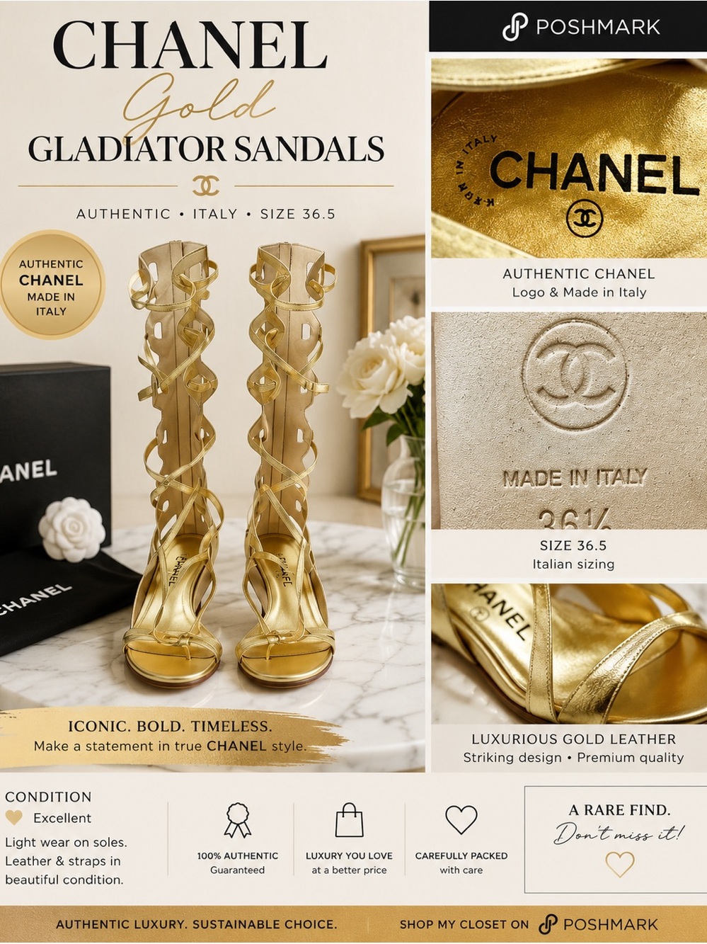 AUTH! CHANEL Metallic Gold Tall Tie Up Gladiator Flat Boot Sandals 36.5